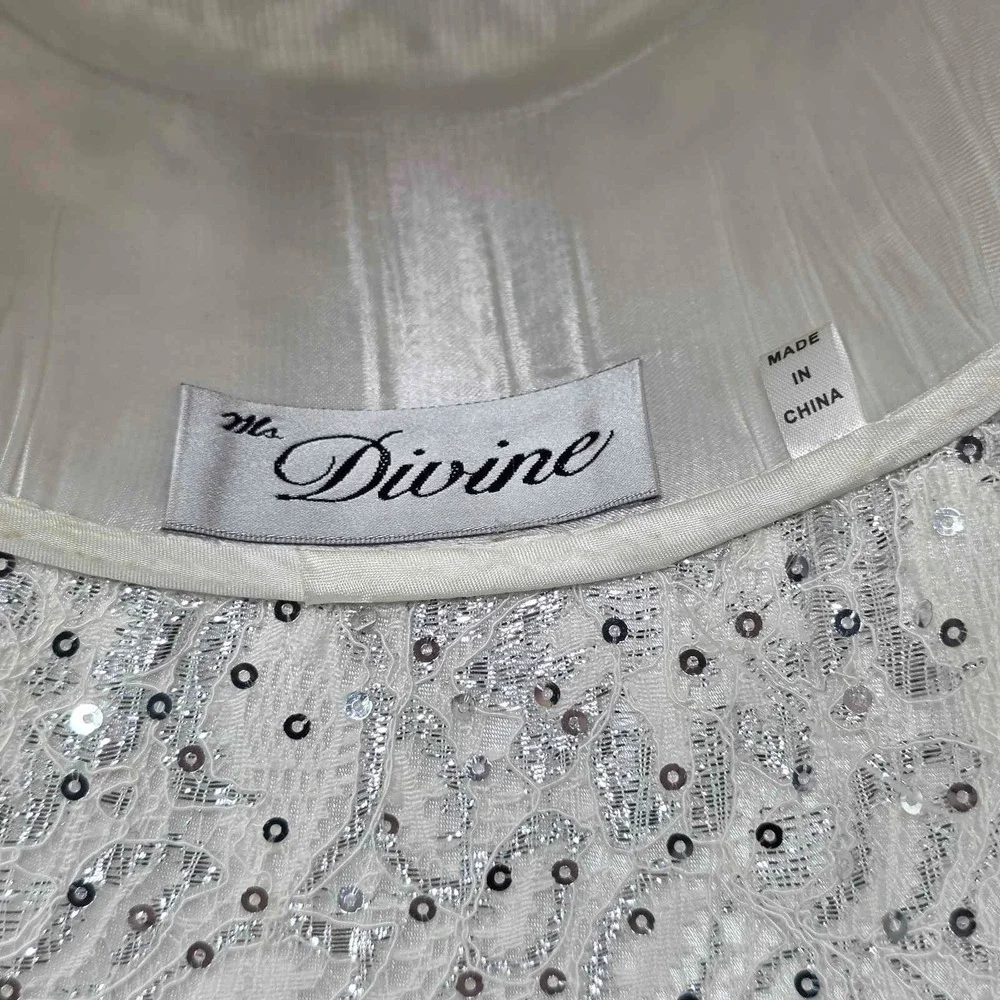 Ms Divine Hat Sun Women's Derby Church Brim Bow‎ Rhinestone Sequin White Silver